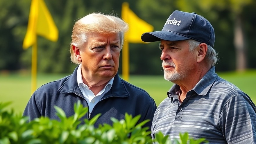 Trump discusses Finnish diplomacy on a golf course, vibrant colors, photorealistic details.