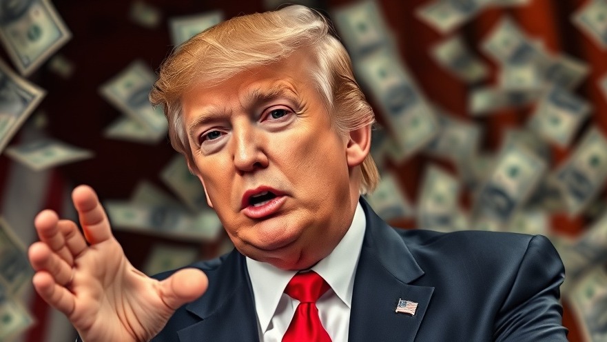 Trump discussing U.S. economy news with dollar bills and dramatic lighting.