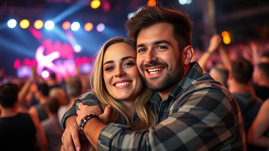 Shocked couple embracing at a Coldplay concert, showcasing public display of affection in vibrant colors.