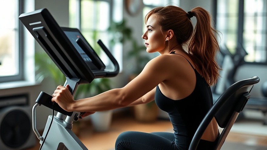 Stylish woman on recumbent bike, showcasing a healthy lifestyle at home.