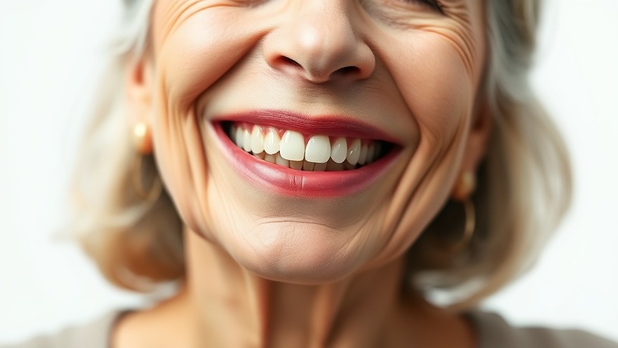 Smiling older woman with dentures, showcasing proper denture maintenance for oral health.