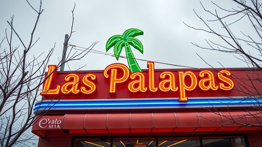 Neon sign for Las Palapas showcasing vibrant colors against an overcast sky in San Antonio.