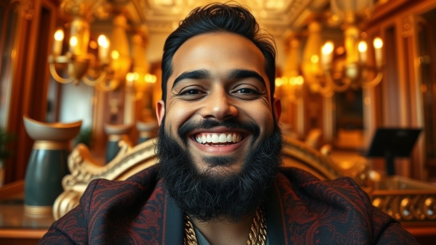 Smiling young Hispanic man in opulence at Mamdani wedding Uganda.