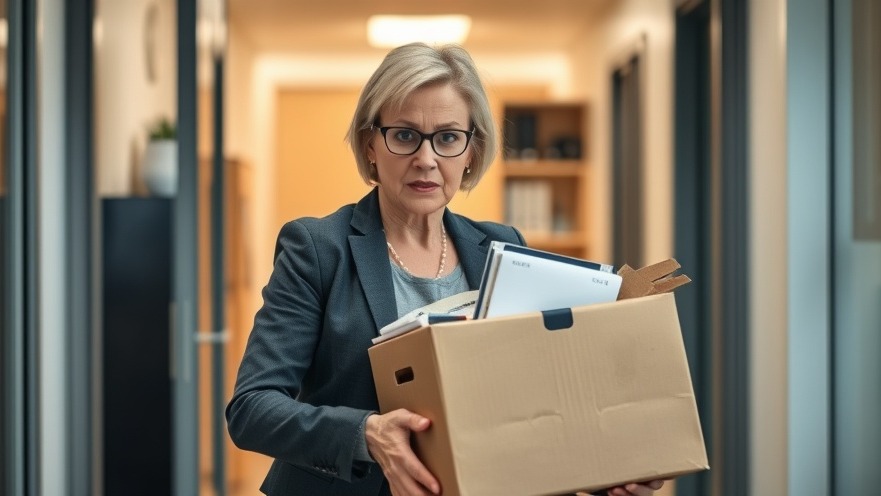 Angry middle-aged woman leaves office with belongings reflecting national news headlines.