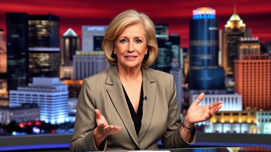 Experienced female news anchor presents San Antonio news today with a vibrant cityscape backdrop.