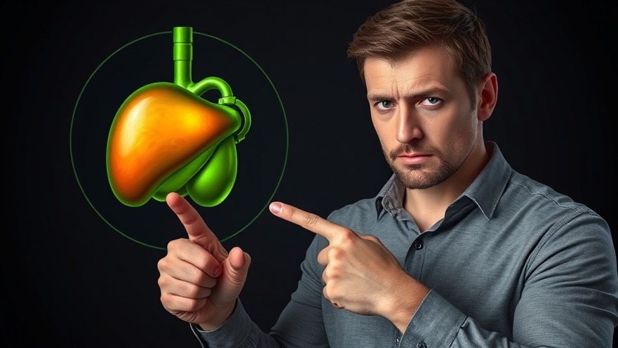 Male pointing at a detailed gallbladder illustration, promoting gallbladder health.