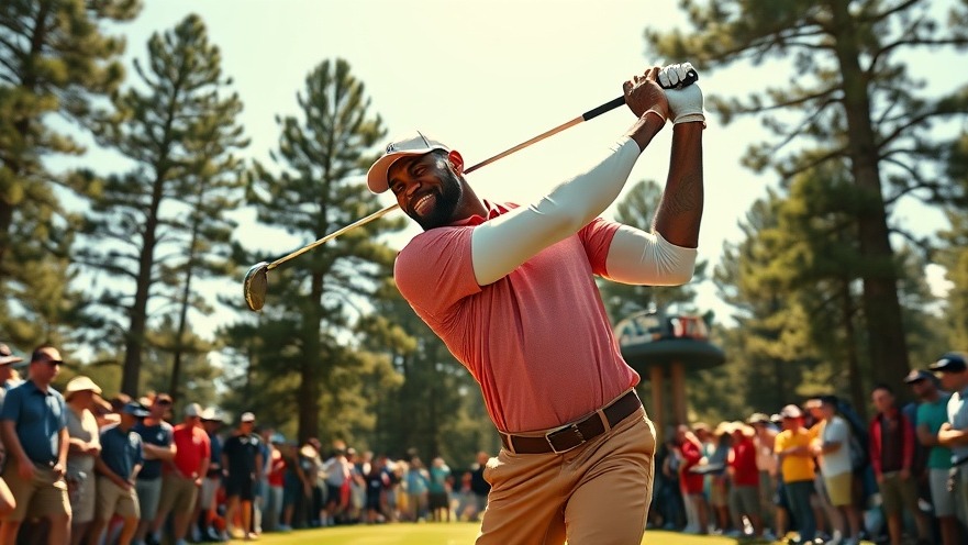 LeBron James mimicking a golf swing at an outdoor tournament, capturing NBA highlights.
