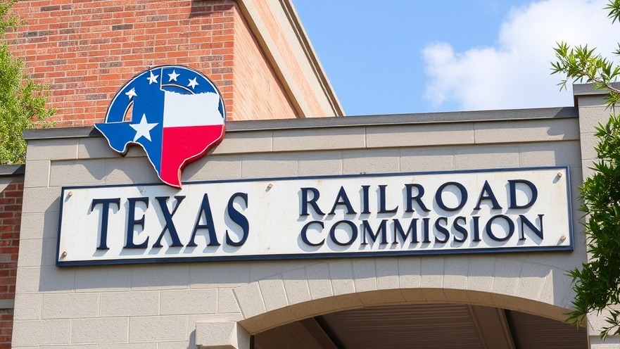 Texas Railroad Commission sign on a building, highlighting Texas energy policy.