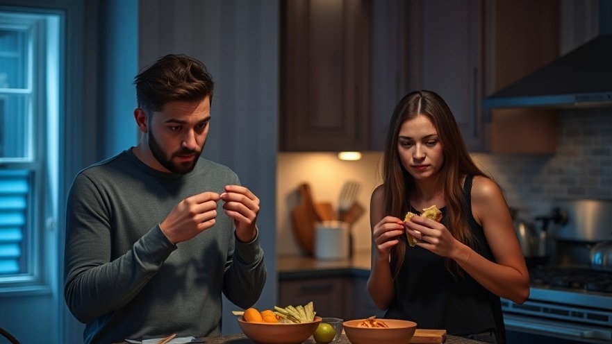 Two people snacking at midnight, balancing indulgence with healthy snacks.