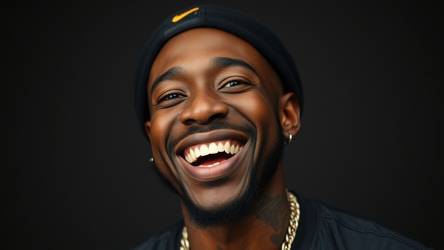 Smiling black rapper performing at local entertainment in San Antonio nightlife.