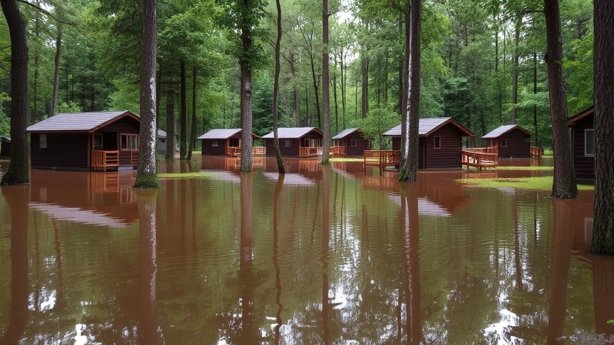 Flooded campground highlighting Texas camp regulations and child safety in summer camps.