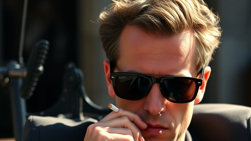 Disheveled Hunter Biden smoking, reflecting on illegal immigration policy and addiction in politics.
