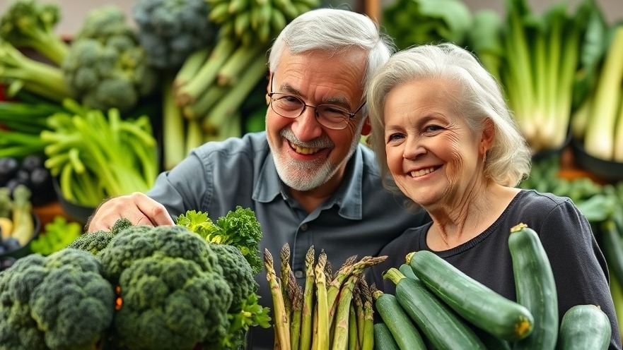 Smiling seniors exploring fresh vegetables for healthy eating and nutrition for seniors.