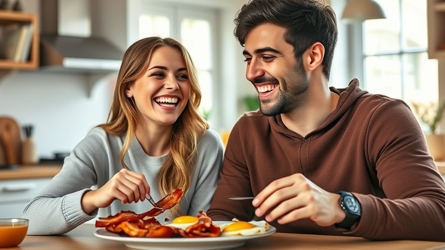 Happy couple enjoying a balanced diet plan with bacon and eggs in a cozy kitchen.