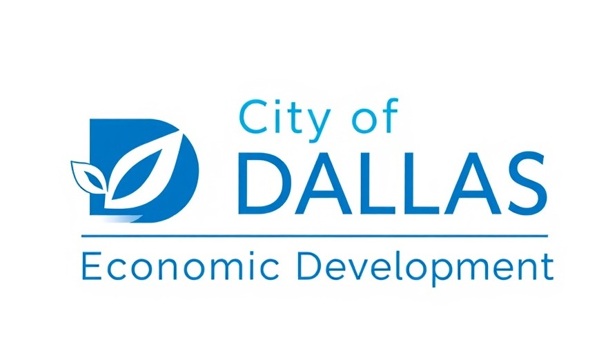 Modern Dallas economic development logo with bold blue text and leaf design.
