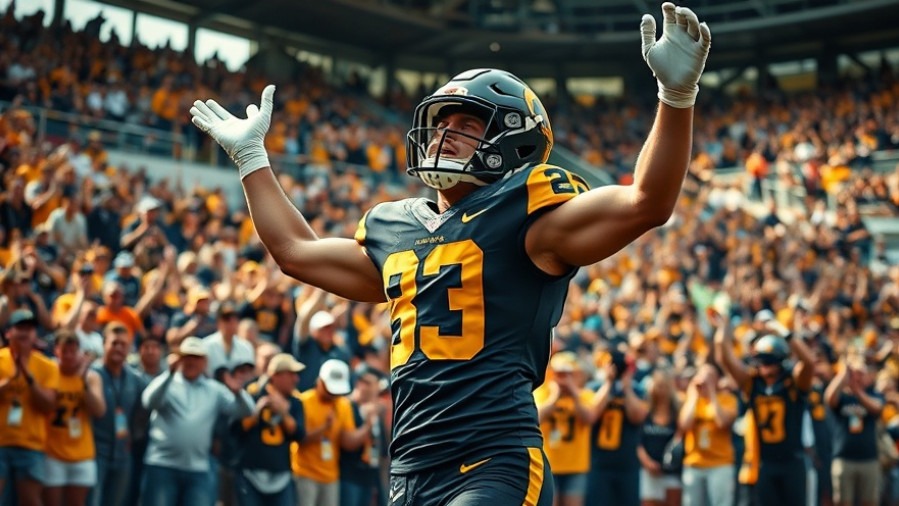 Energetic football player celebrating amid cheering crowd, showcasing SEC football news excitement.