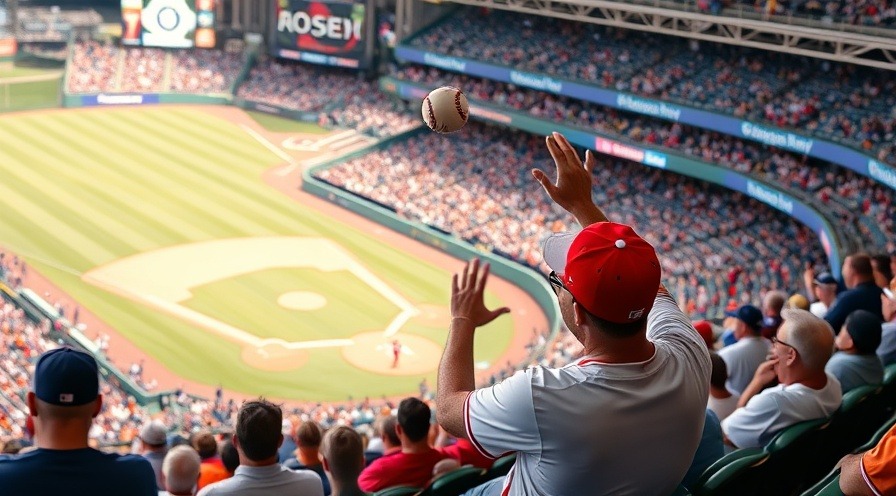 Fan in stands excitedly catching a foul ball during NFL game.