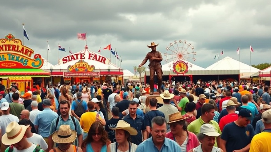 Vibrant crowd enjoying affordable food options at Texas State Fair with iconic cowboy statue.
