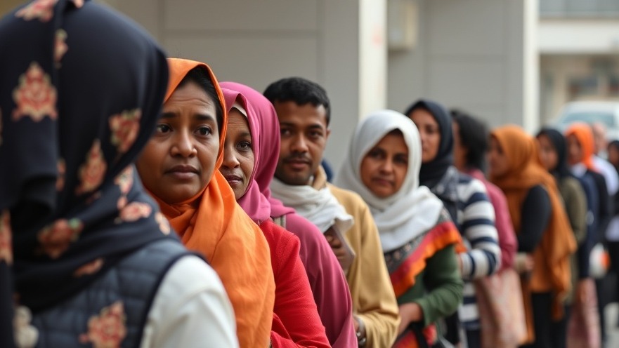 Poor immigrants standing in line, showcasing their immigration contributions to the national economy.