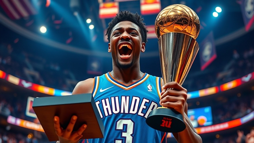 Shay Gilgeous-Alexander celebrating NBA playoffs highlights with trophy in dynamic stadium.