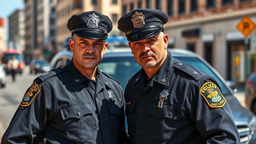 Stern Austin police department officers in urban setting, patrol car, bright daylight.