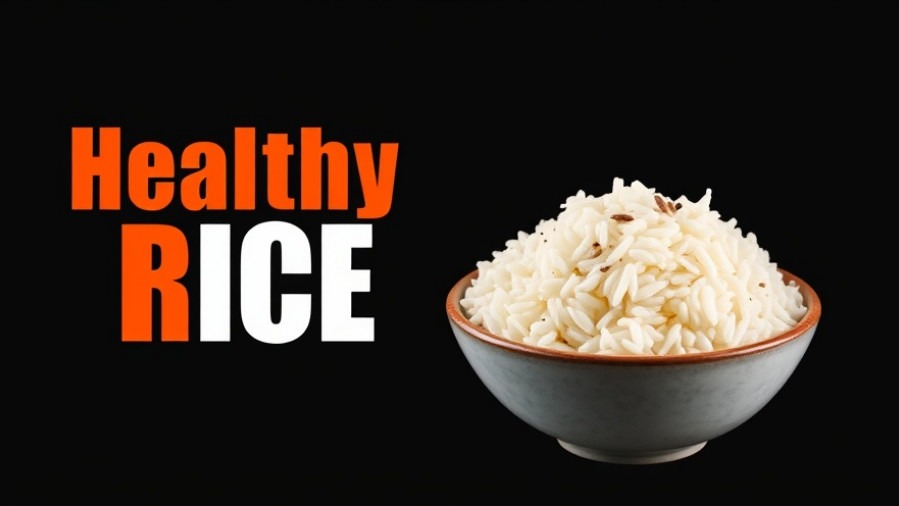 Dynamic graphic of healthy rice benefits for longevity diet and anti-aging nutrition.