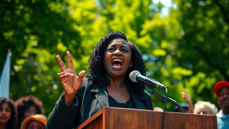Angry black woman advocating at a rally for civil rights, vibrant colors, current events USA.