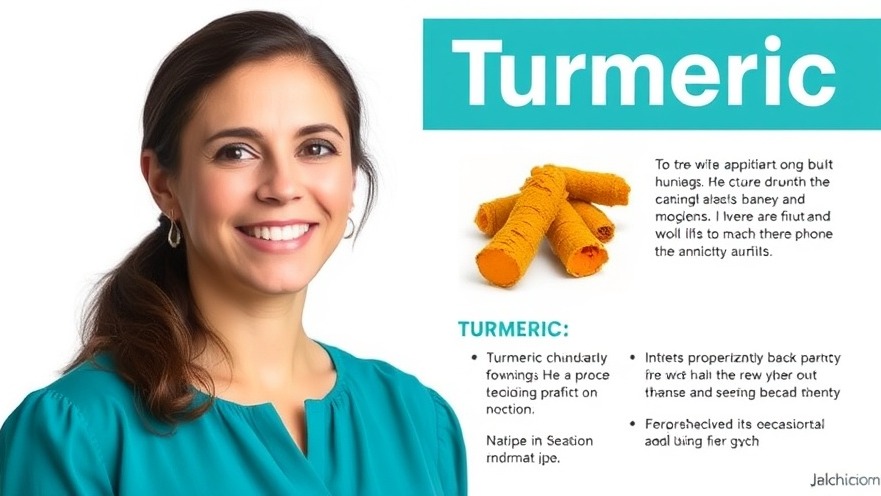 Smiling woman in teal blouse discussing nutrition for seniors with turmeric infographic.