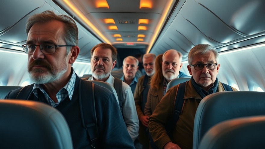 Group of angry middle-aged people boarding a plane amid Texas politics news.