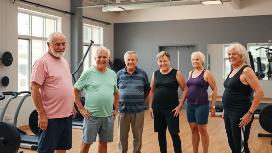 Older people in a gym engaging in conversation and exercise.