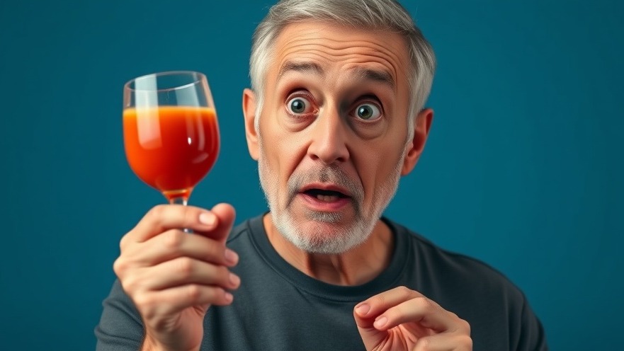 Surprised senior man with dark orange juice illustrating anti-inflammatory drink for joint pain relief.