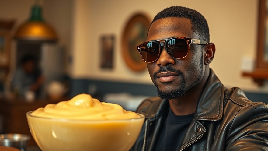 Confident black man in sunglasses poses beside a bowl of applesauce, highlighting culinary controversy.
