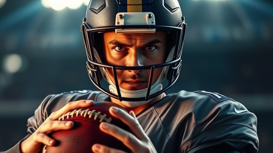 Intense quarterback holds football in cinematic design, NFL scores and Super Bowl 2025.