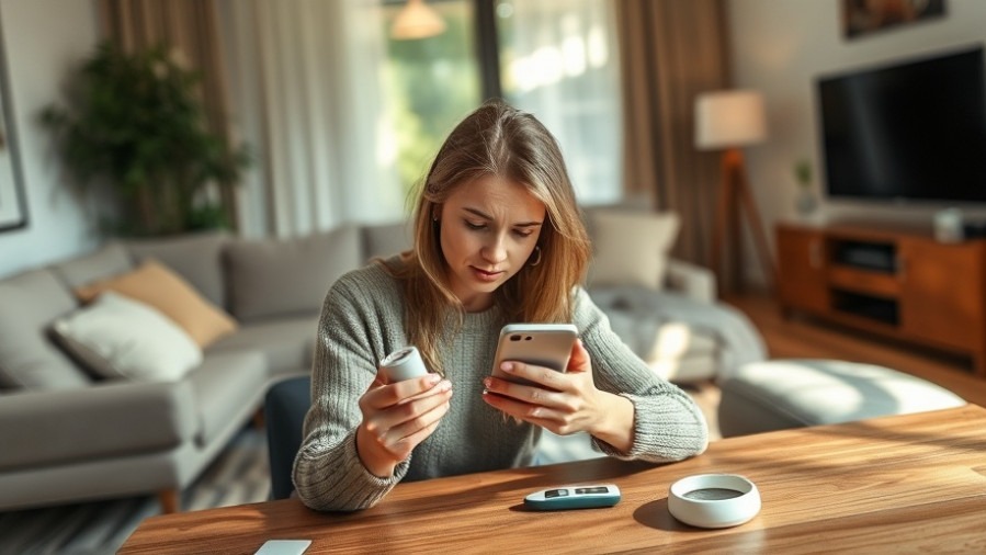 Young woman managing stress and diabetes in a cozy living room with a glucose meter.