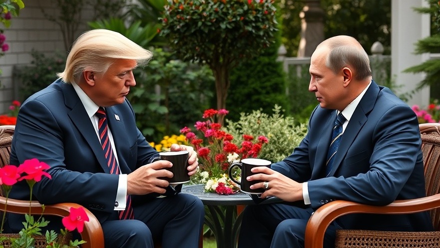 Trump and Putin discuss U.S.-Russia relations at a geopolitical summit in a lush garden.
