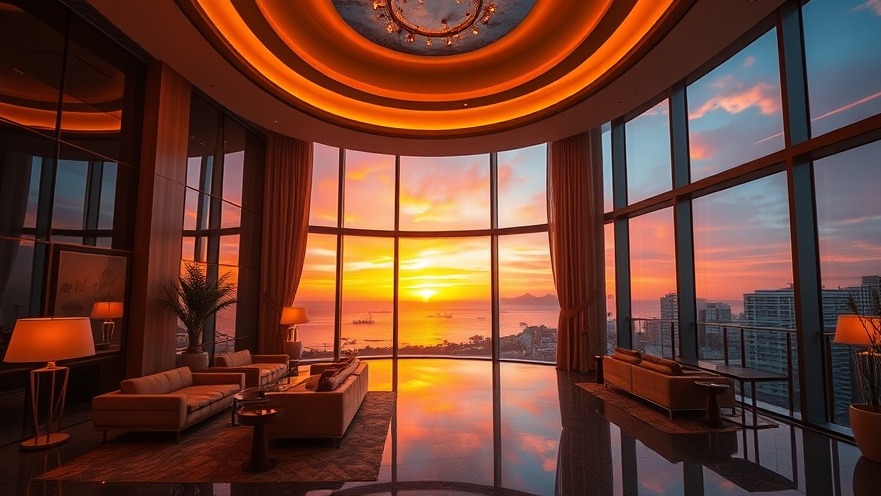 Luxurious hotel interior showcasing sunset hues, a top San Antonio travel destination.