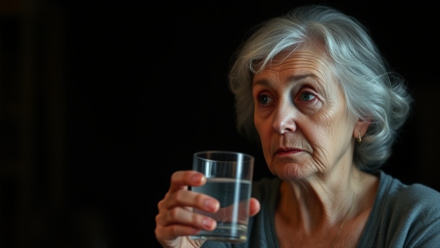 Concerned older woman contemplating hydration benefits for cognitive function.