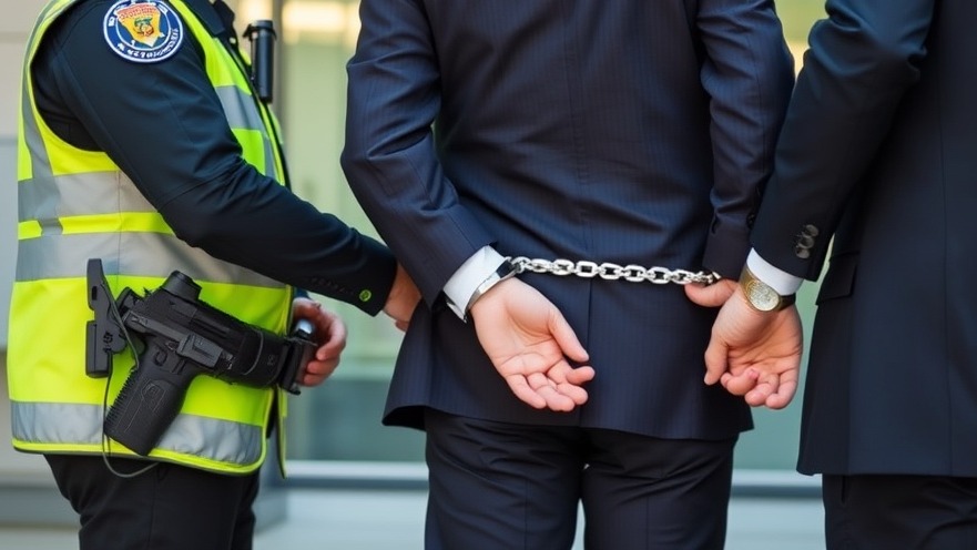 Hispanic man in business suit handcuffed by police during Texas elections 2025.