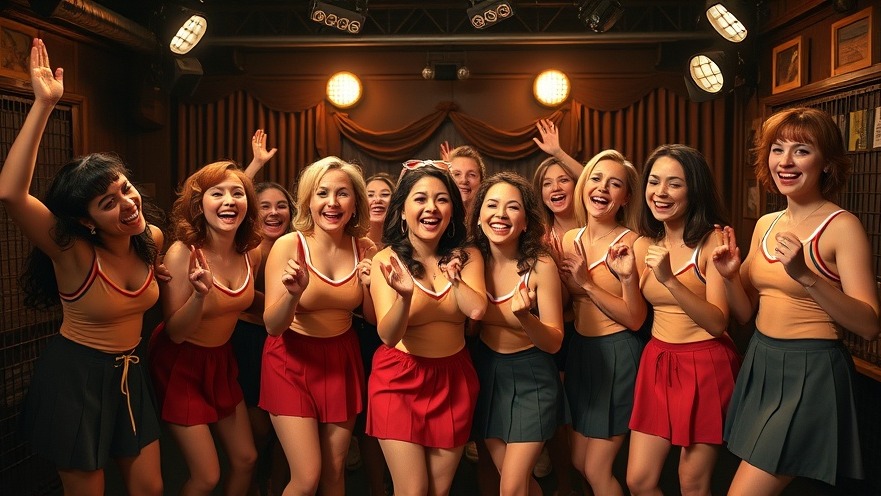 Vintage comedic cast backstage with cheerleaders, embodying Austin lifestyle and iconic comedy artifacts.