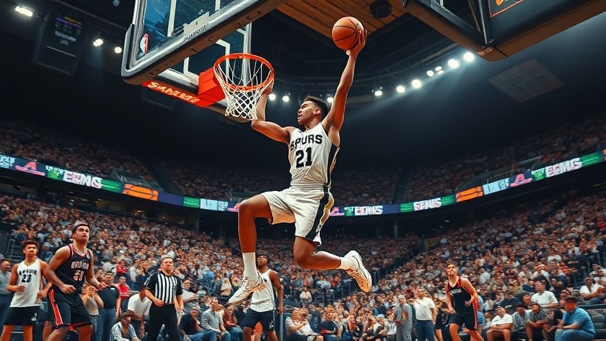 NBA rising star leaping for the hoop in a vibrant, crowded arena.