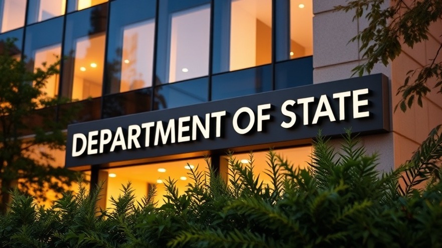Modern 'Department of State' sign at dusk, highlighting US foreign aid initiatives.