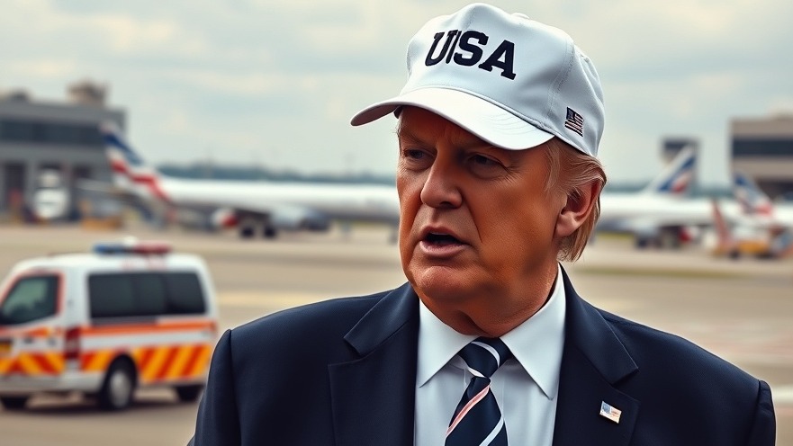 Trump in a USA cap discussing international trade USA amidst airport backdrop.