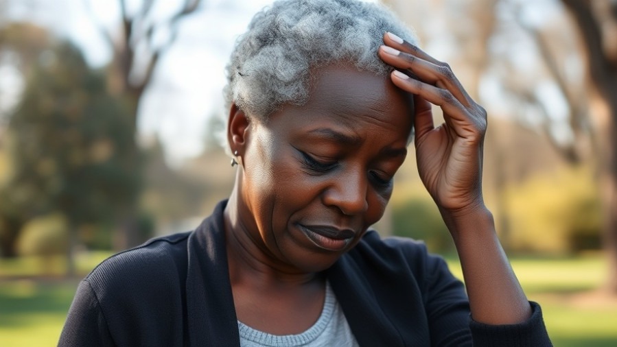Older black woman in a peaceful park, experiencing migraine discomfort while exploring migraine management techniques.