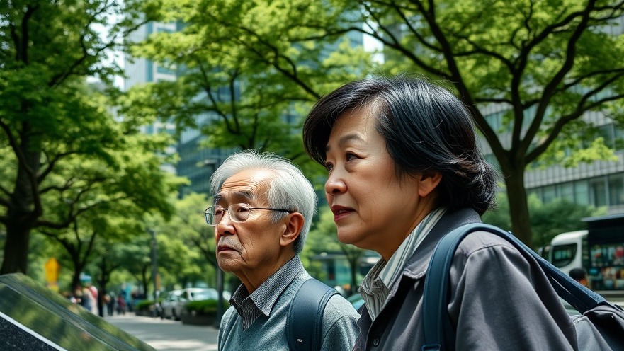 Elderly Japanese man and younger woman reflect on demographic decline in urban park.