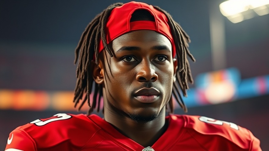 Focused black football player in red cap, showcasing determination for Super Bowl 2025.