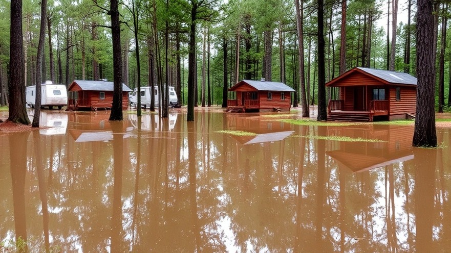 Flooded campground with cabins, highlighting floodplain safety for summer camps.