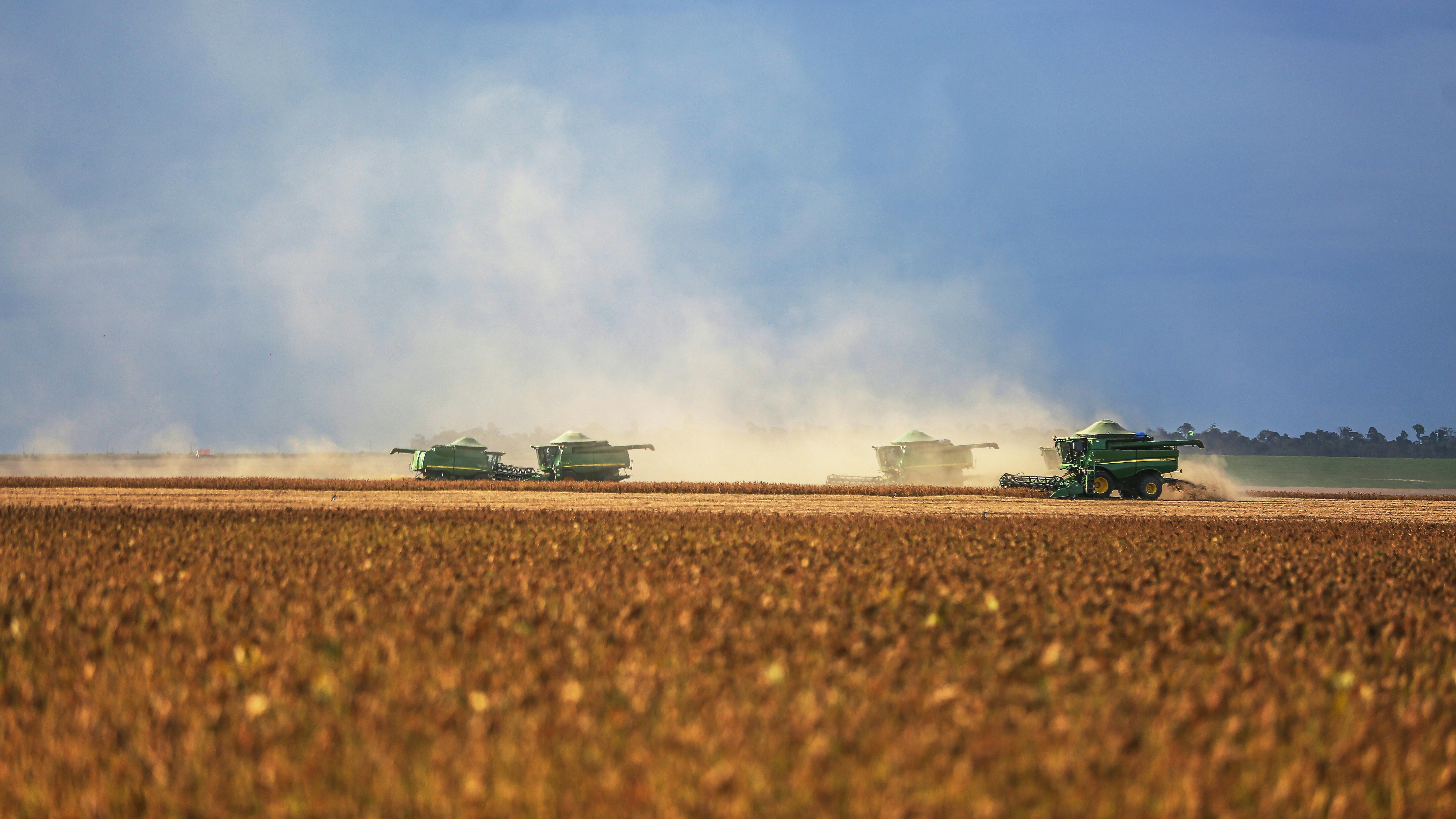 Futuristic soybean farm with market trend graphs, vibrant scene.