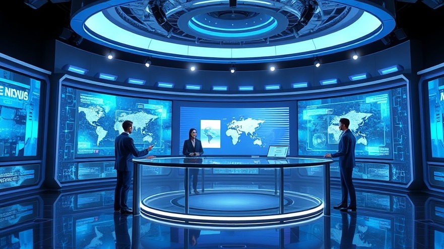 Futuristic news studio with presenters and interactive screens, featuring US government news.