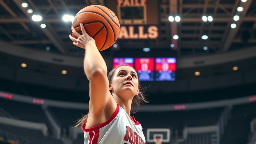 Young female basketball player making a half-court shot in an empty arena, capturing college basketball news.