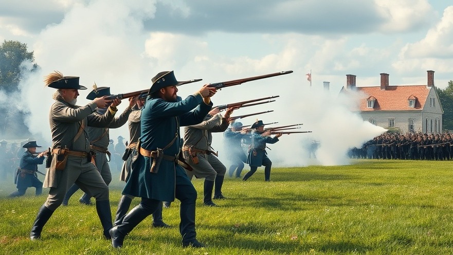 Dramatic reenactment of the American Revolution at Lexington, showing 18th-century soldiers in action.